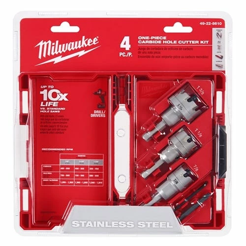 Milwaukee Tools Milwaukee 4 Piece One-Piece Carbide Hole Cutter Set 49-22-8610 1 Milwaukee Tools Milwaukee 4 Piece One-Piece Carbide Hole Cutter Set 49-22-8610