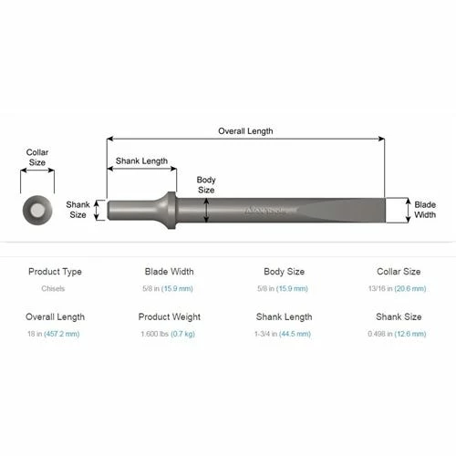 Ajax Tools Ajax Flat Air Hammer Chisel 5/8x18" .498 Shank A960-18 2 Ajax Tools Ajax Flat Air Hammer Chisel 5/8x18" .498 Shank A960-18 - Image 2