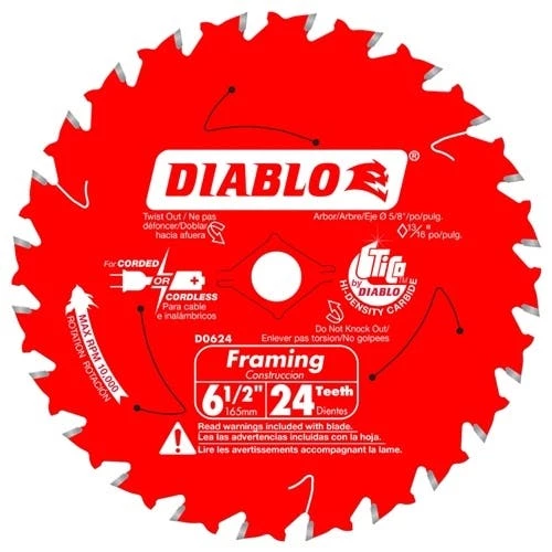 Freud Diablo Blades Freud Diablo 6-1/2" X 24 Tooth Framing Trim Saw Blade D0624A 1 Freud Diablo Blades Freud Diablo 6-1/2" X 24 Tooth Framing Trim Saw Blade D0624A