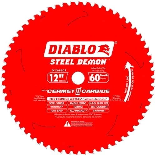 Freud Diablo Blades Freud Diablo 12" 60 Tooth Steel Demon Cermet 2 Carbide Ferrous Metal Cutting Saw Blade D1260CF 1 Freud Diablo Blades Freud Diablo 12" 60 Tooth Steel Demon Cermet 2 Carbide Ferrous Metal Cutting Saw Blade D1260CF