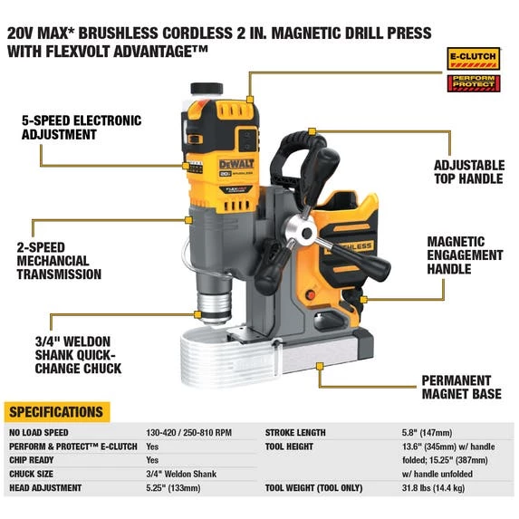 DeWalt Power Tools DeWalt 20V MAX Brushless 2" Magnetic Drill Press W/ FLEXVOLT ADVANTAGE Kit DCD1623GX2 5 DeWalt Power Tools DeWalt 20V MAX Brushless 2" Magnetic Drill Press W/ FLEXVOLT ADVANTAGE Kit DCD1623GX2 - Image 5